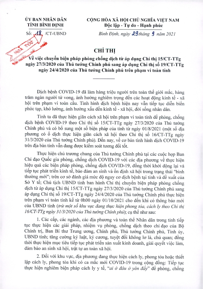 Từ ngày 1.10, chuyển biện pháp phòng chống dịch sang Chỉ thị 19