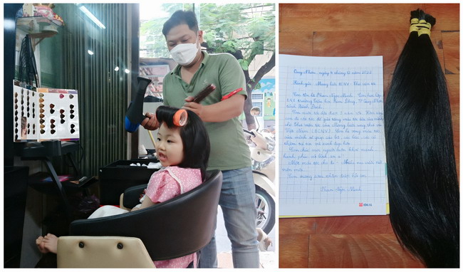 Bé Minh hào hứng cắt tóc, quyên tặng cho bệnh nhân ung thư vú và bức thư tay đính kèm của bé Minh khi gửi tóc tham gia chương trình. Ảnh: NVCC
