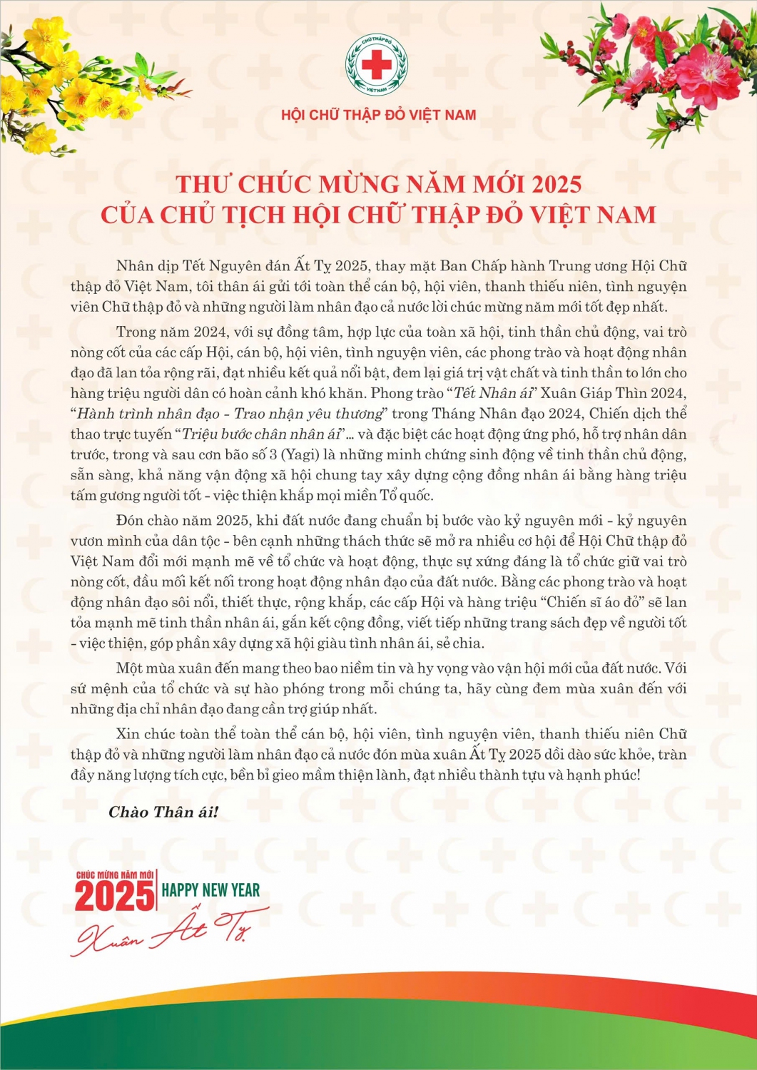 Thư chúc mừng năm mới 2025 cùa Chủ tịch Hội Chữ thập đỏ Việt Nam