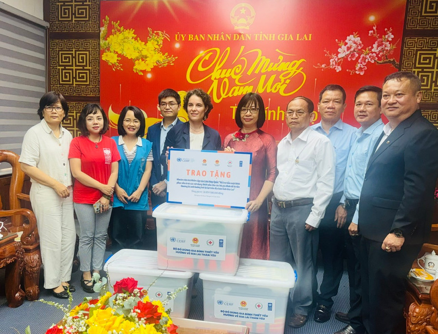 Bà Francesca Nardini (thứ 5 từ trái qua) - Phó Trưởng đại diện UNDP tại Việt Nam trao bảng tượng trưng khoản viện trợ cho tỉnh Gia Lai. Ảnh: Đinh Yến